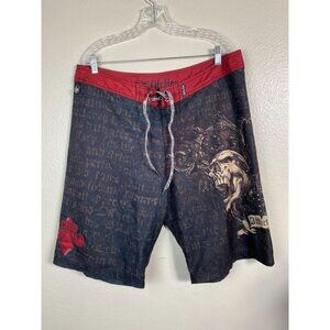 Affliction Mens Board Shorts Size 38 Red Black Skull Y2K Gothic Grunge Emo Punk